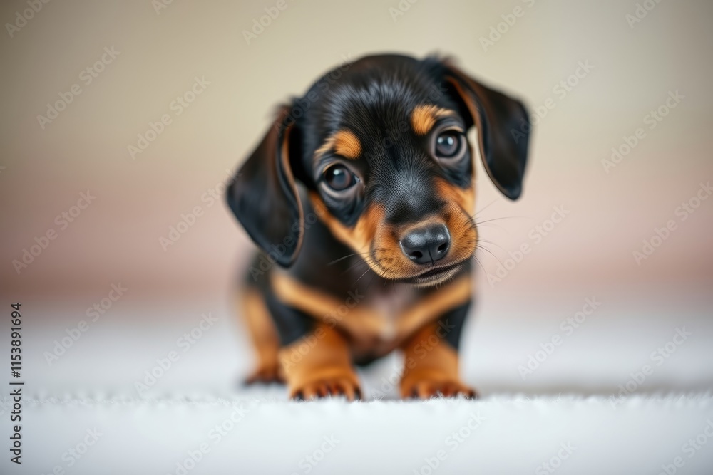 Obraz premium A tiny dachshund puppy is curiously navigating a soft surface indoors, playfully stretching its legs while showcasing its adorable features in a warm environment