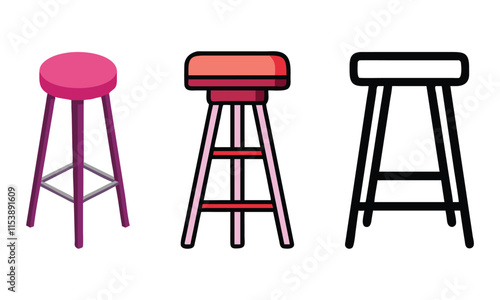 Colorful and Minimalist Bar Stool Illustrations, Set of three bar stool illustrations in colorful and line art styles, showcasing modern and sleek designs, ideal for furniture and interior themes.
