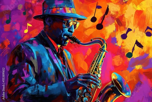 Colorful jazz musician passionately playing saxophone, vibrant n