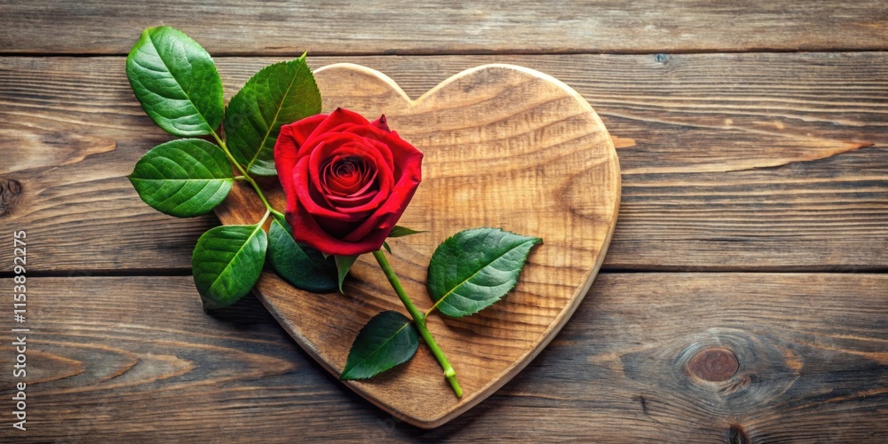 A single long-stemmed red rose with a green stem and delicate petals, surrounded by lush green leaves, placed on a rustic wooden heart-shaped cutting board , bouquet, heart A single long-stemmed red rose with a green stem and delicate petals, surrounded by lush green leaves, placed on a rustic wooden heart-shaped cutting board , bouquet, heart
