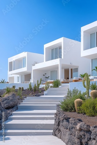 Casas blancas de estilo isleño con techos y vegetación en un entorno soleado y despejado