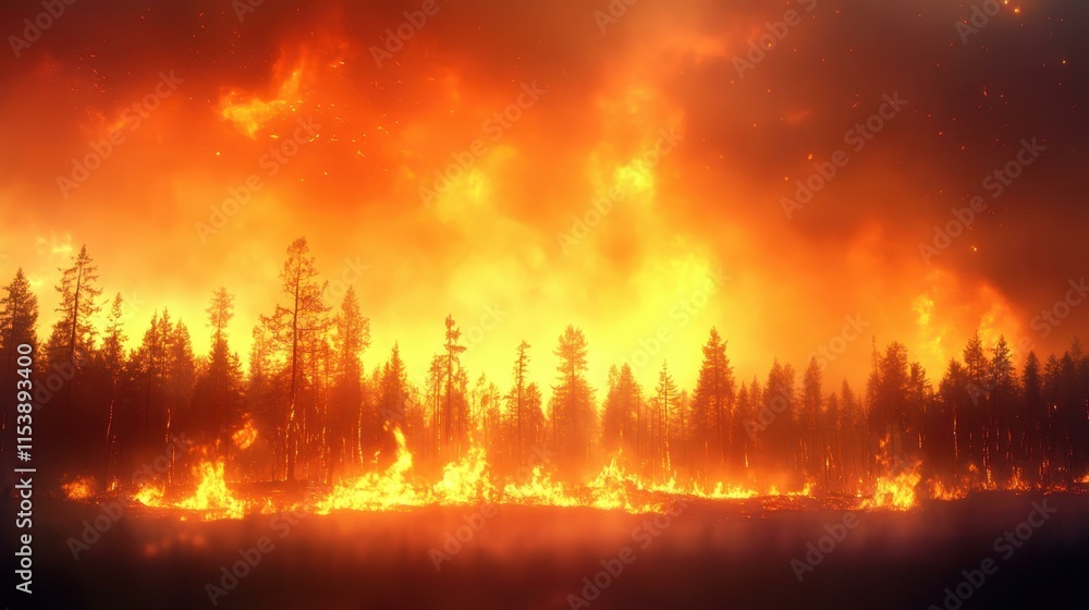Obraz premium Forest trees engulfed in intense bright orange wildfire flames spreading rapidly across dry landscape, dramatic environmental disaster background perfect for climate change, nature crisis, emergency