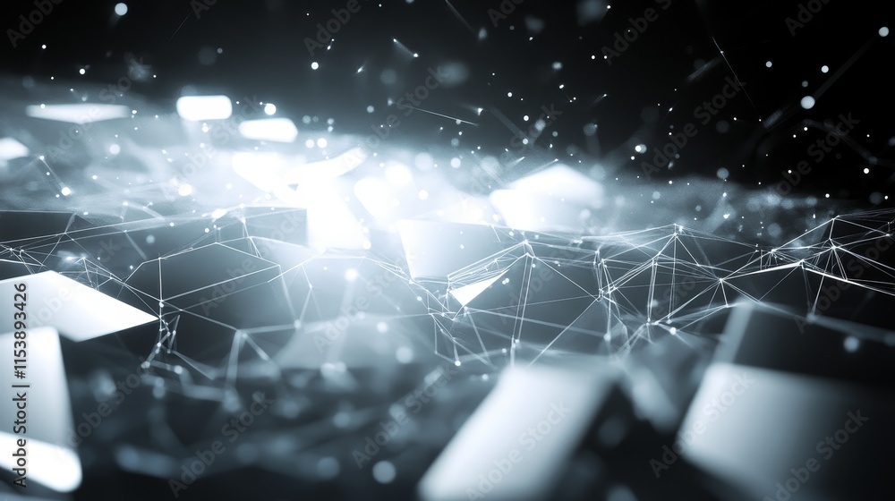Obraz premium Abstract digital landscape with interconnected shapes and glowing particles.