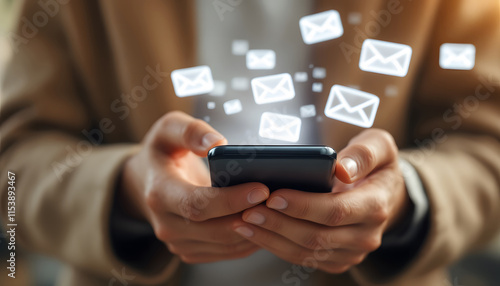 Mobile Email Marketing, Smartphone and Email Icons, Digital Communication, Sending and Receiving Emails on Phone, Smartphone with Floating Email Symbols photo