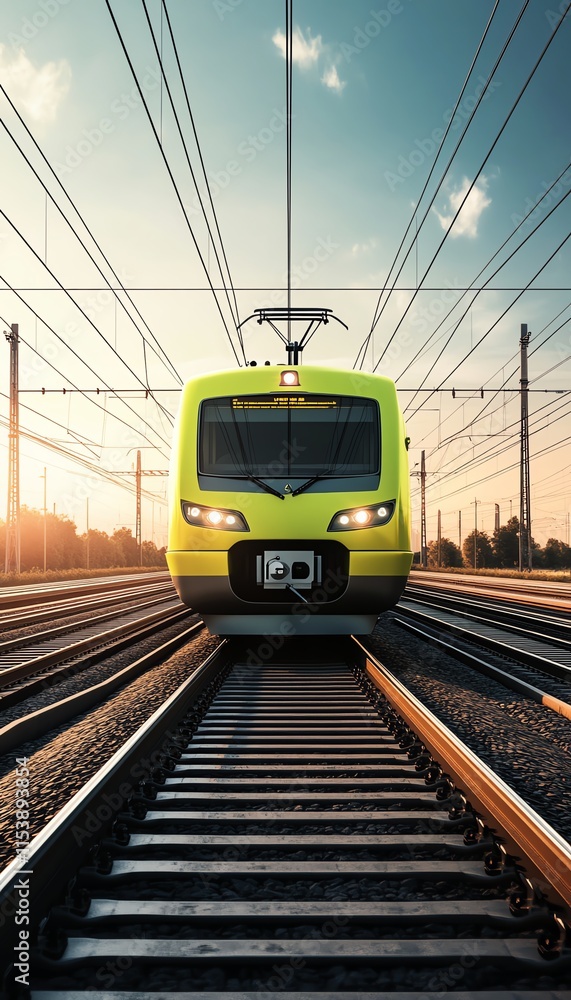 Fototapeta premium Modern green train on railway tracks at sunset, surrounded by wires and poles.