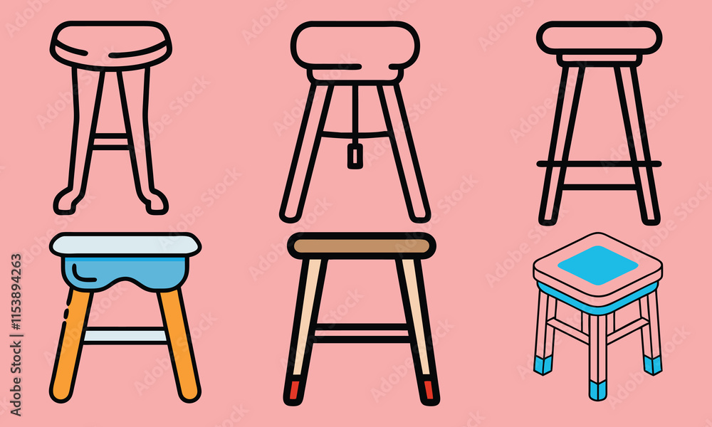 Stylish Stool Icon Set on Pink Background, A collection of six stool icons featuring colorful and outline designs, displayed on a pink background, ideal for furniture and decor themes.
Stylish Stool Icon Set on Pink Background, A collection of six stool icons featuring colorful and outline designs, displayed on a pink background, ideal for furniture and decor themes.