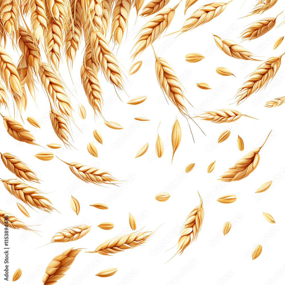 A vibrant collection of golden wheat sheaves and scattered grains, symbolizing harvest and nature's bounty.,transparent background A vibrant collection of golden wheat sheaves and scattered grains, symbolizing harvest and nature's bounty.,transparent background