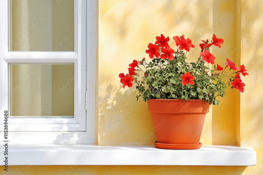 Fototapeta premium Casas blancas andaluzas adornadas con flores rojas en macetas al atardecer
