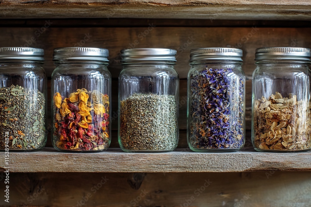 Colorful jars filled with various herbs and spices neatly arrang Colorful jars filled with various herbs and spices neatly arrang