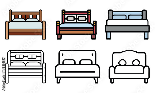 Bed Icon Collection with Various Designs, A set of six bed vector icons showcasing rustic, modern, and classic designs in both colorful and outline styles, perfect for bedroom projects.
