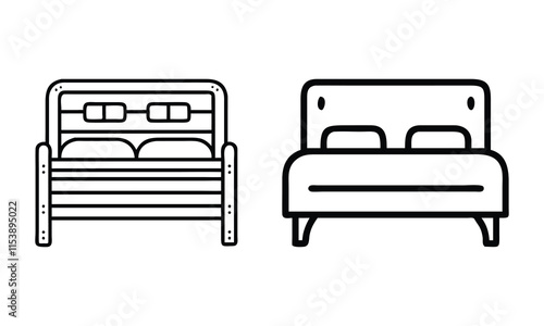 Minimalist Bed Outline Icon Pair, Black-and-white outline icons of two beds featuring modern and rustic designs with headboards and pillows, perfect for bedroom projects.
