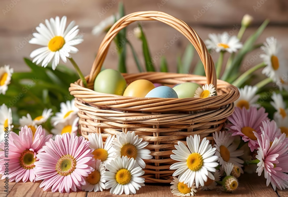 Easter Eggs in Wicker Basket with Daisies and Gerbera Daisies Easter Eggs in Wicker Basket with Daisies and Gerbera Daisies