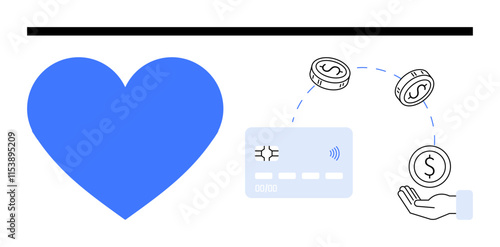 Blue heart, hand catching coins, and credit card emphasize love, generosity, and charitable donations. Ideal for applications about online transactions, fundraisers, e-commerce, financial aid