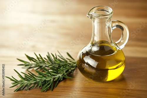 Elegant glass bottle filled with oil, accompanied by fresh rosem photo