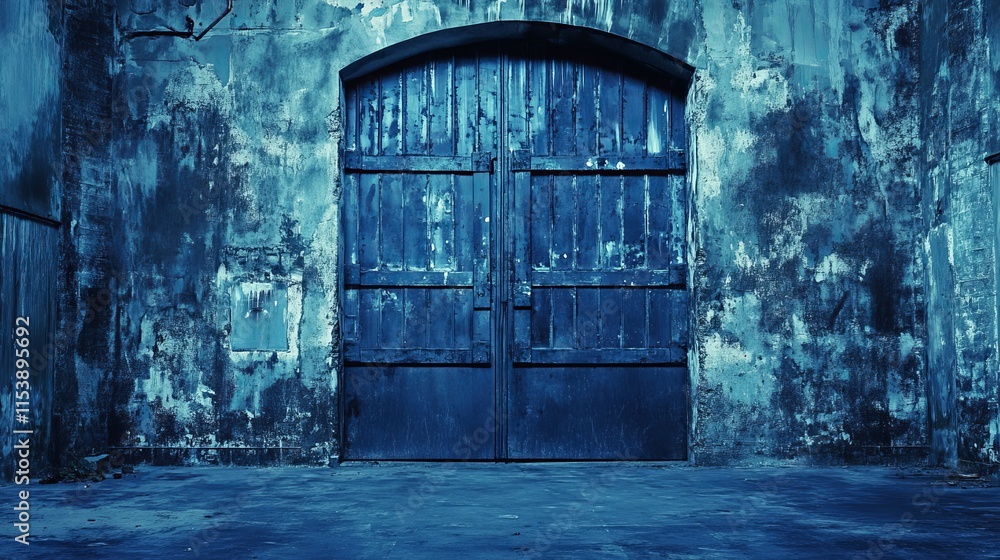 A weathered blue door stands in an aged, textured wall, evoking mystery and abandonment. A weathered blue door stands in an aged, textured wall, evoking mystery and abandonment.