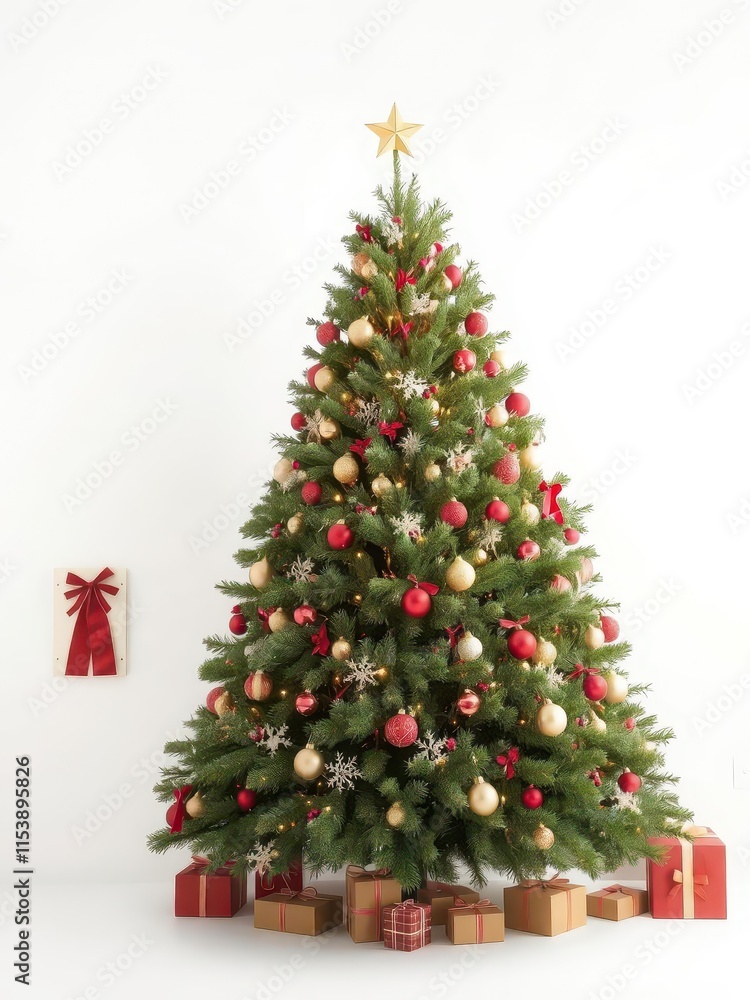 Fototapeta premium A richly decorated Christmas tree stands against a pristine white backdrop, silver, joyful