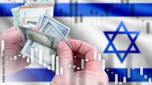 Money near Israel flag. Fal...
