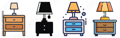 Stylish Nightstand and Lamp Icon Set, A collection of four nightstand vector icons with lamps in various styles and colors, ideal for interior design and furniture projects.

