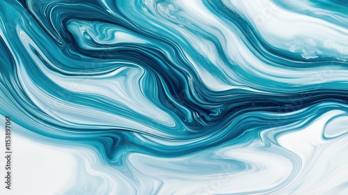 A blue and white abstract painting of some blue and white waves