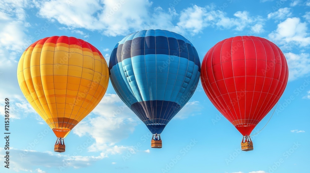 Naklejka premium Three colorful hot air balloons orange blue red flying in clear sky ideal for travel adventure vacation tourism celebration festival bright sunny day background clouds serene atmosphere