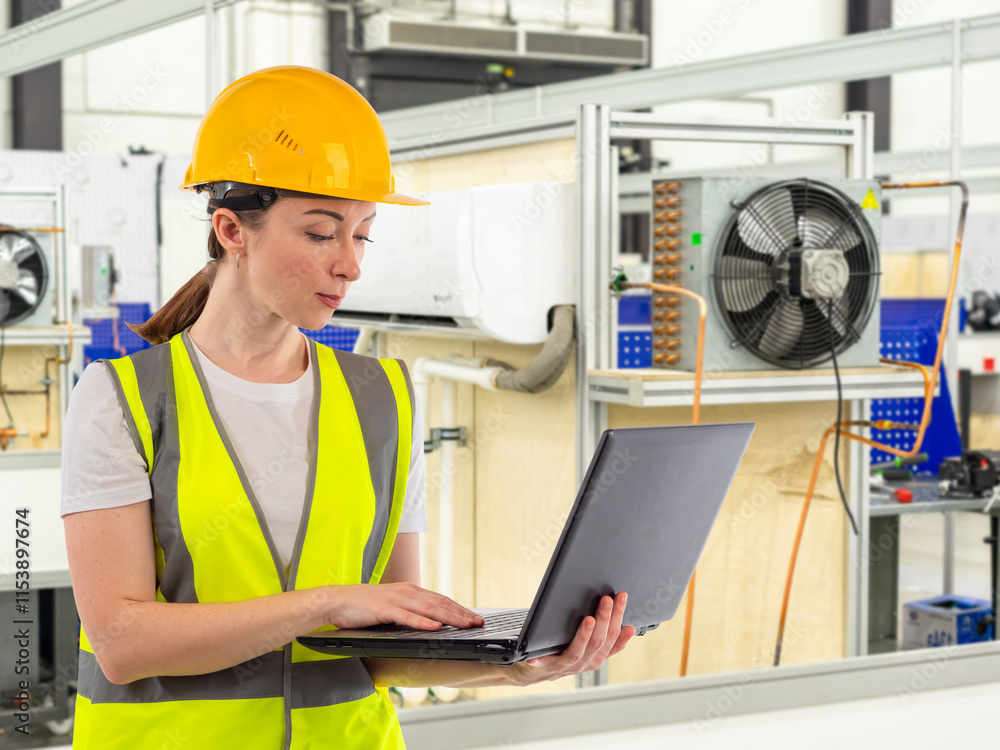 Female engineer near conditioning equipment. Technologist inside factory holds laptop. Engineer tests air conditioner after production. Specialist checks air filtration equipment. SPLIT, HVAC Female engineer near conditioning equipment. Technologist inside factory holds laptop. Engineer tests air conditioner after production. Specialist checks air filtration equipment. SPLIT, HVAC