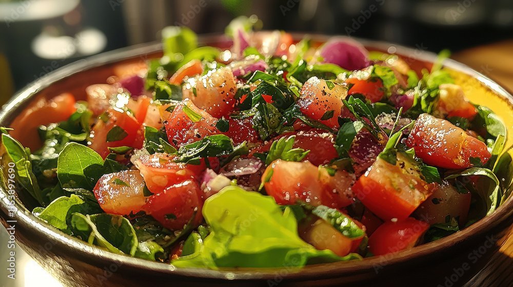 Fresh salad bowl with vibrant vegetables and herbs, perfect for healthy meals Fresh salad bowl with vibrant vegetables and herbs, perfect for healthy meals