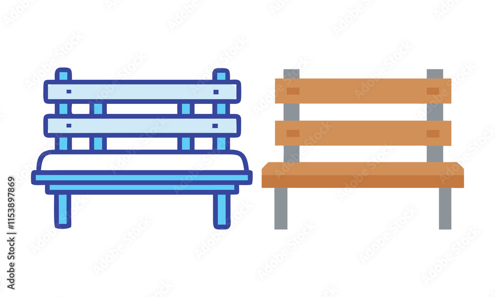 Wooden and Modern Park Bench Icons, Vector illustrations of two park benches: one in a modern blue design and another in a classic wooden style, perfect for outdoor themes.
Wooden and Modern Park Bench Icons, Vector illustrations of two park benches: one in a modern blue design and another in a classic wooden style, perfect for outdoor themes.