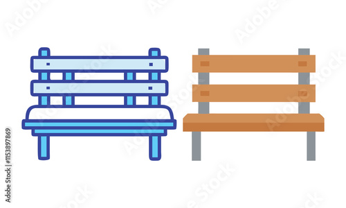 Wooden and Modern Park Bench Icons, Vector illustrations of two park benches: one in a modern blue design and another in a classic wooden style, perfect for outdoor themes.

