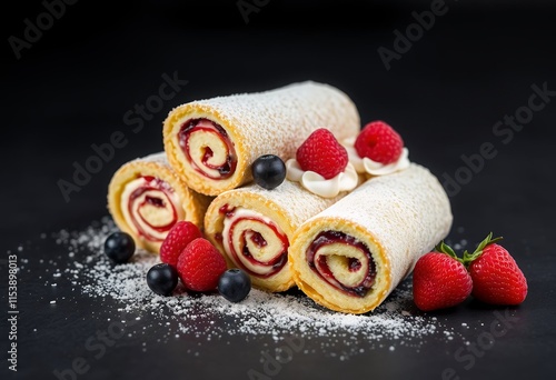 Delicious Swiss Rolls with Berries and Cream Dessert Pastry
