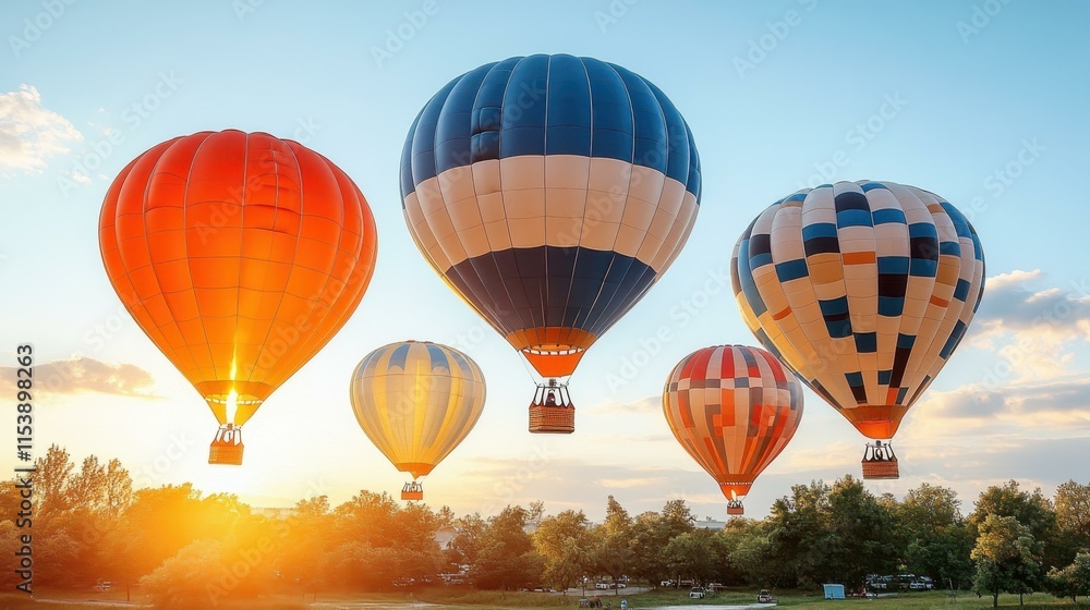 Obraz premium Colorful hot air balloons floating in sunrise sky over green trees, perfect for travel adventure, festival, outdoor recreation, nature, and vacation backgrounds with warm morning light and peaceful a