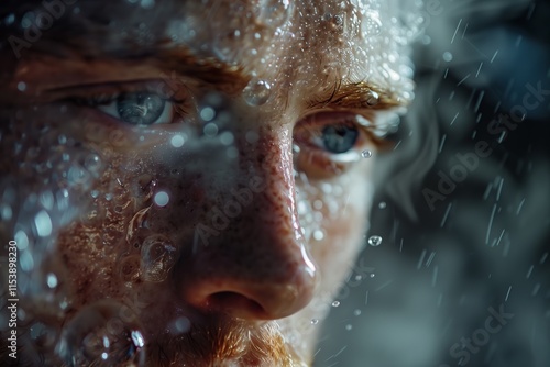 A contemplative portrait of a man with water droplets, capturing deep emotions and thoughts in a moody atmosphere.