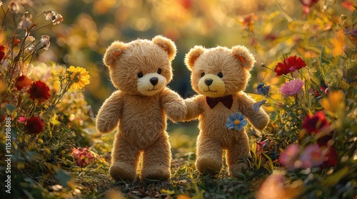Two cute teddy bears holding hands in a vibrant flower garden, capturing a sweet and heartwarming moment of friendship and joy.