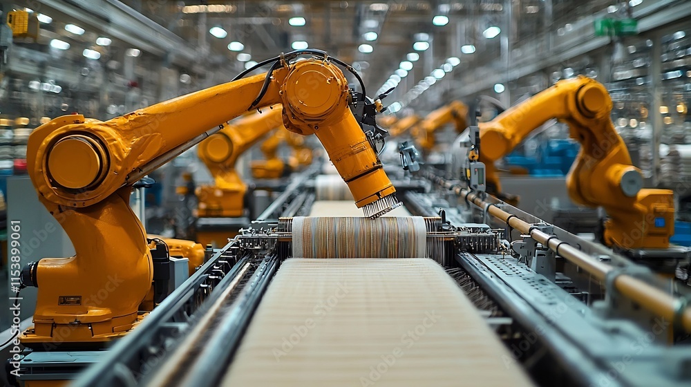 Robotic arms precisely weaving fabrics in a highly automated and modernized textile factory showcasing the latest advancements in industrial automation and production technology Robotic arms precisely weaving fabrics in a highly automated and modernized textile factory showcasing the latest advancements in industrial automation and production technology
