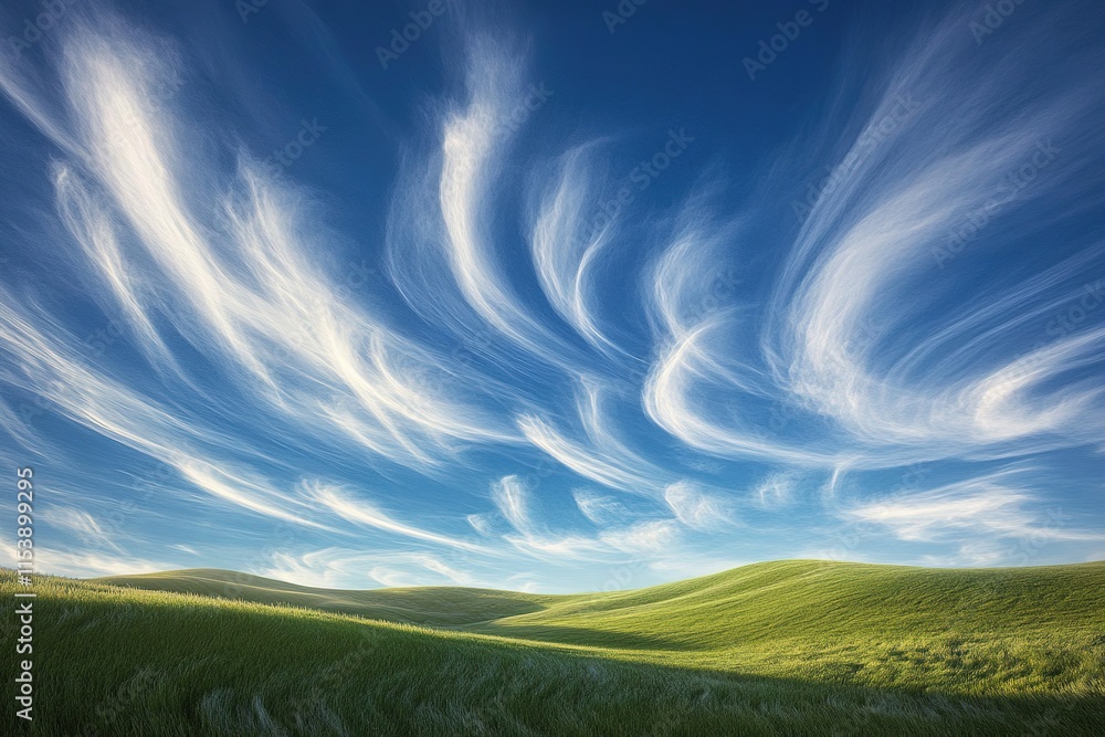 Obraz premium Vibrant skies adorned with swirling clouds above lush green hill