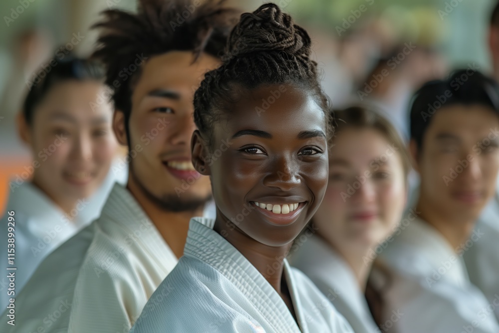 A diverse group of individuals smiling, showcasing unity and camaraderie in a martial arts setting. A diverse group of individuals smiling, showcasing unity and camaraderie in a martial arts setting.