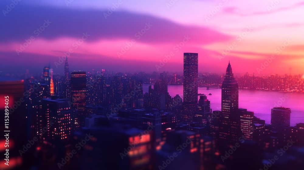 Fototapeta premium A vibrant city skyline at sunset, showcasing buildings and a river under colorful skies.