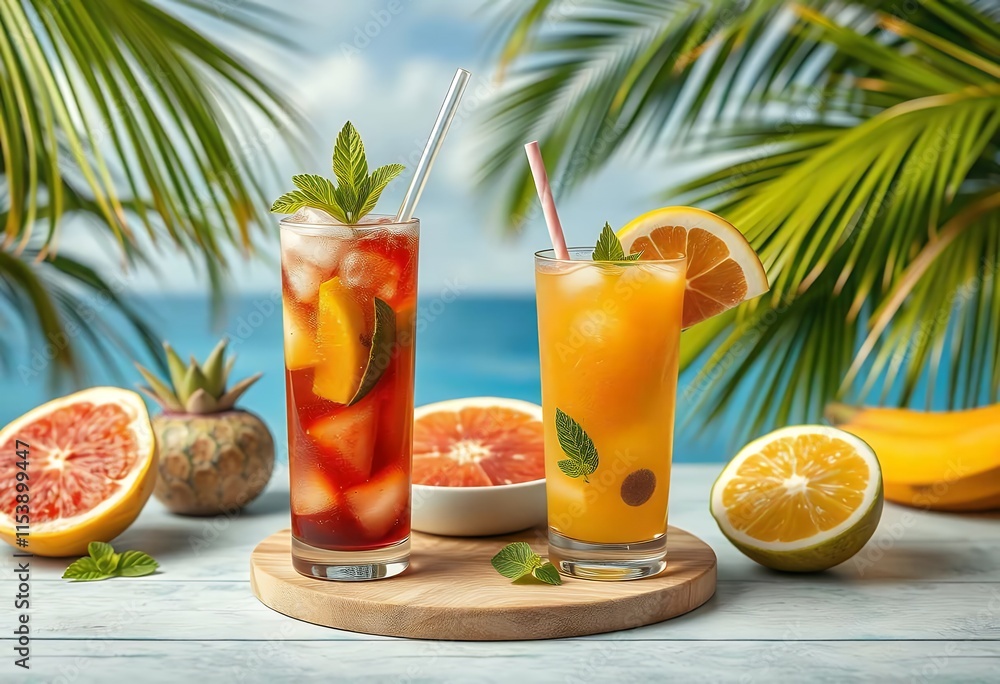 Fototapeta premium Tropical Summer Drinks Refreshing Cocktails Orange Grapefruit Mint Ice