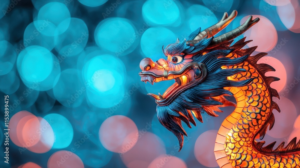 Naklejka premium Chinese New Year luck and parade, A vibrant dragon illustration against a colorful bokeh background, capturing a mythical essence with striking details and vivid colors.