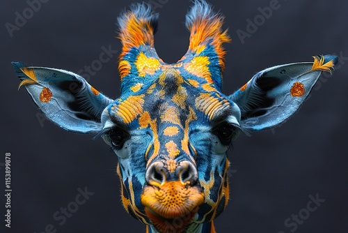 girraffe portrait with color paint and feathers on black background photo