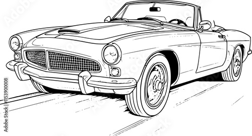 Abstract retro sports car in black and white ink drawing style, adult coloring book