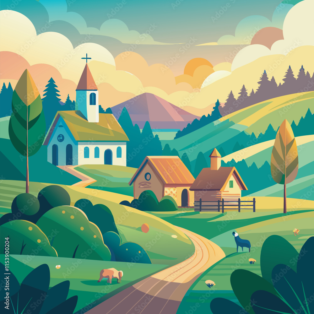 Naklejka premium A peaceful village scene with a church, farmhouses, and rolling hills.
