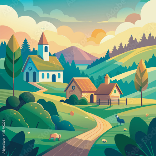 A peaceful village scene with a church, farmhouses, and rolling hills.