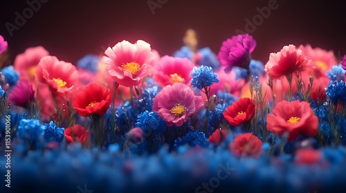 Vibrant pink, red, and blue flowers in a field.