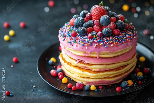 Obraz na płótnie Festive pancakes topped with colorful fruit and sprinkles celebrate carnival spirit in a vibrant display w salonie