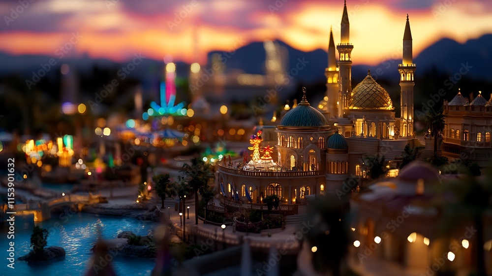 Fototapeta premium Illuminated Architectural Model at Dusk: A Miniature Cityscape