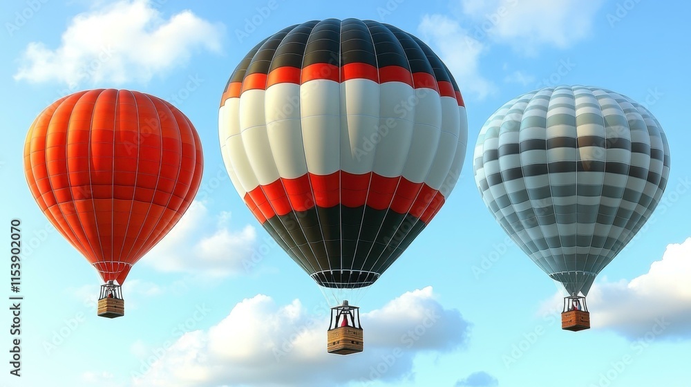 Obraz premium Three colorful hot air balloons floating in blue sky with clouds, adventure travel theme, suitable for tourism, vacation, summer holidays, outdoor fun, scenic background, bright vibrant colors, leisu