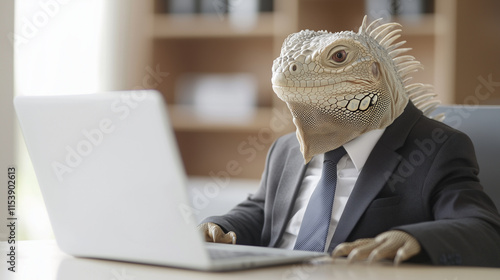 Iguana in a Suit: A humorous image of an iguana in a business suit working on a laptop. Perfect for illustrating unique ideas, breaking the mold, or adding a quirky touch to presentations.  photo