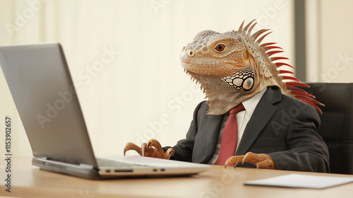 Iguana in a Suit: A humorous image of an iguana in a business suit working on a laptop, perfect for illustrating unique concepts or adding a quirky touch to presentations.  photo