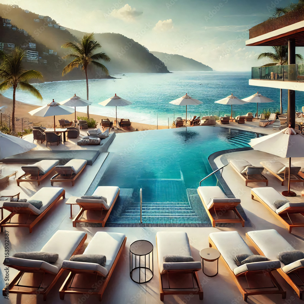 Fototapeta premium An aerial view of a luxurious infinity pool at a tropical resort, with sun loungers, umbrellas, and a beach in the distance