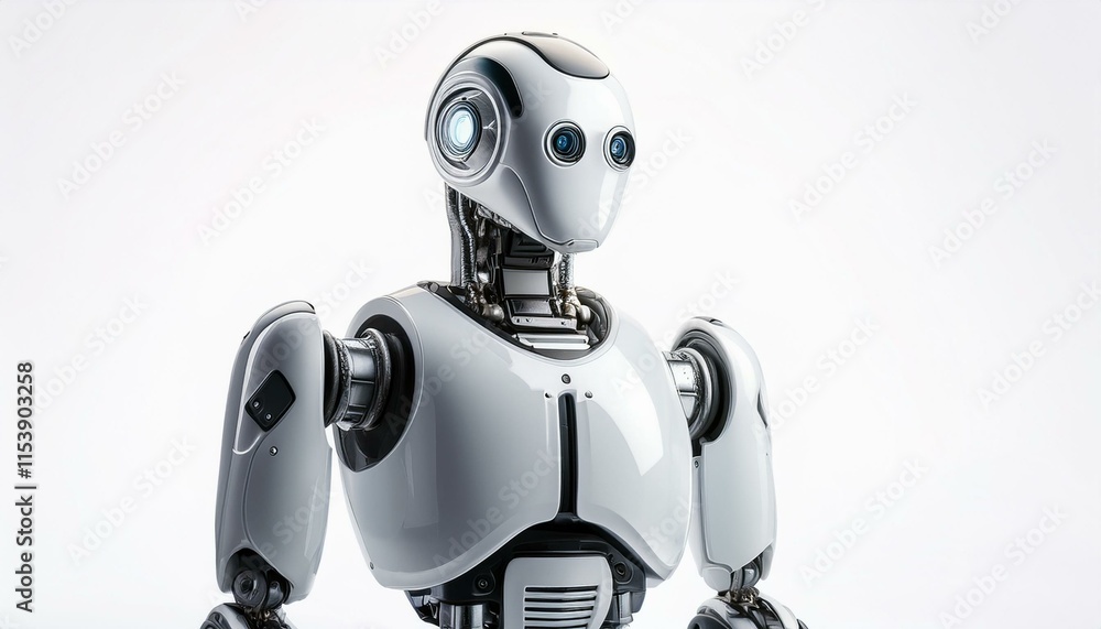 Advanced humanoid robot: a close-up shot of a sleek, white humanoid robot, showcasing its advanced design and intricate details. Advanced humanoid robot: a close-up shot of a sleek, white humanoid robot, showcasing its advanced design and intricate details.